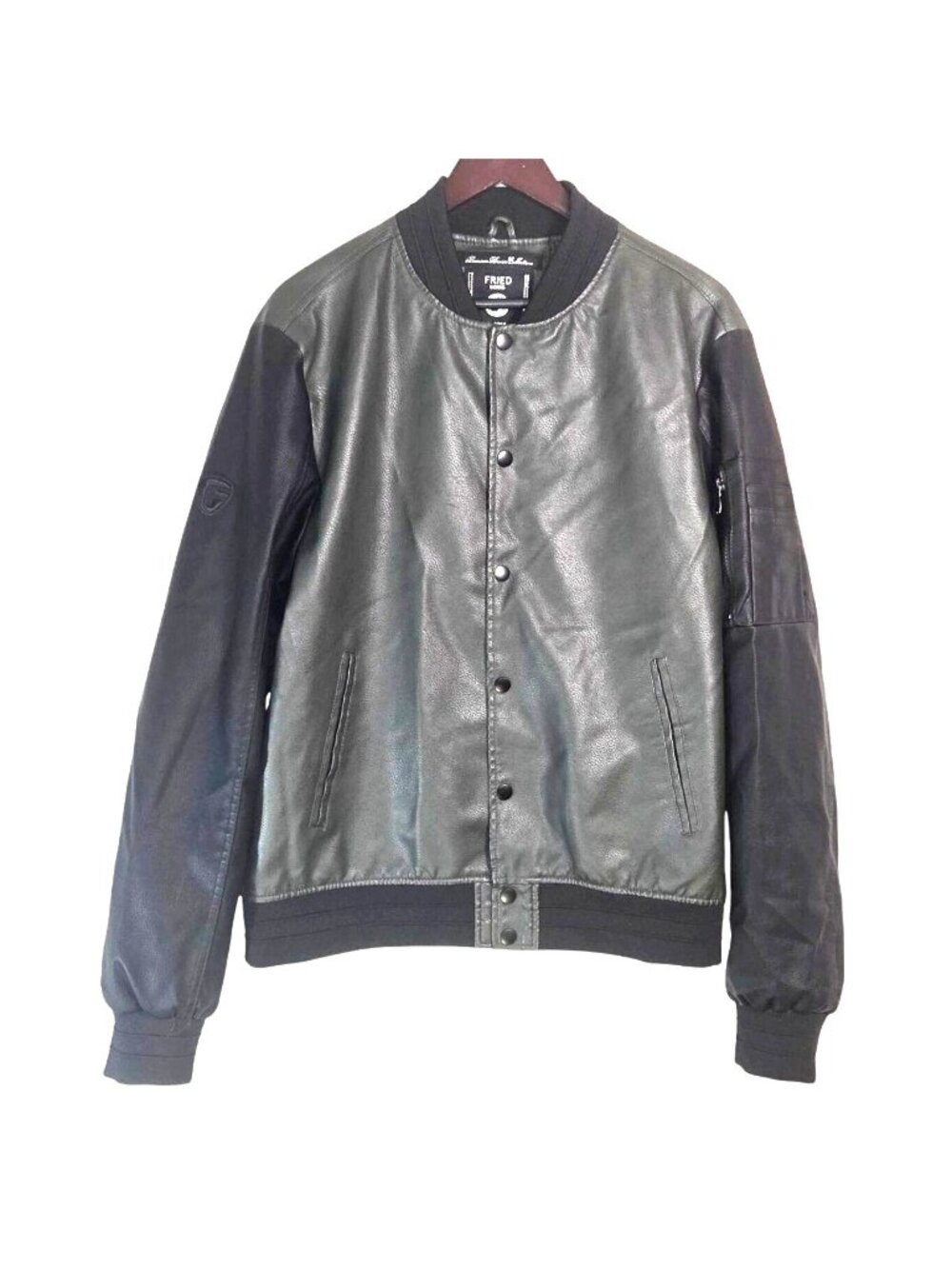 Fried Denim Black Gray Faux Leather Snap Front Biker Bomber Jacket Men's Size L